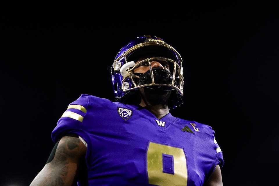 Washington quarterback Michael Penix Jr. (9) looks on following a 15-7 win over Arizona State in an NCAA college football game Saturday, Oct. 21, 2023, in Seattle. (AP Photo/Lindsey Wasson)