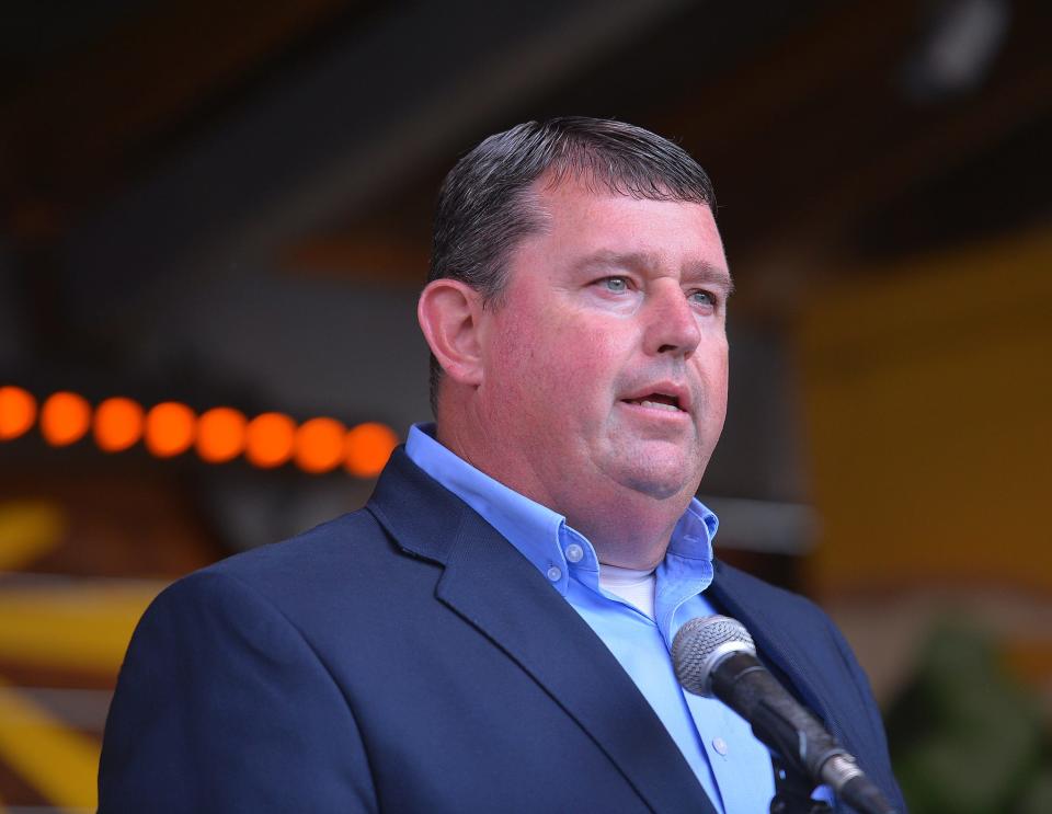 Candidates running for the upcoming state and local primary election speak during the Stump the Yard event held at FR8yard in downtown Spartanburg, Monday evening, June 6, 2022. Brian Lawson, candidate for State House of Representatives - District 30, speaks during the event.