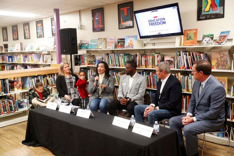 Parent Nicole Lytle speaks about her experience with the school vouchers during a panel consisting of the head of New Hope Christian Academy, Governor Bill Lee, and Speaker Cameron Sexton on Wednesday, December 13, 2023 at the New Hope Christian Academy library in Memphis, Tenn.