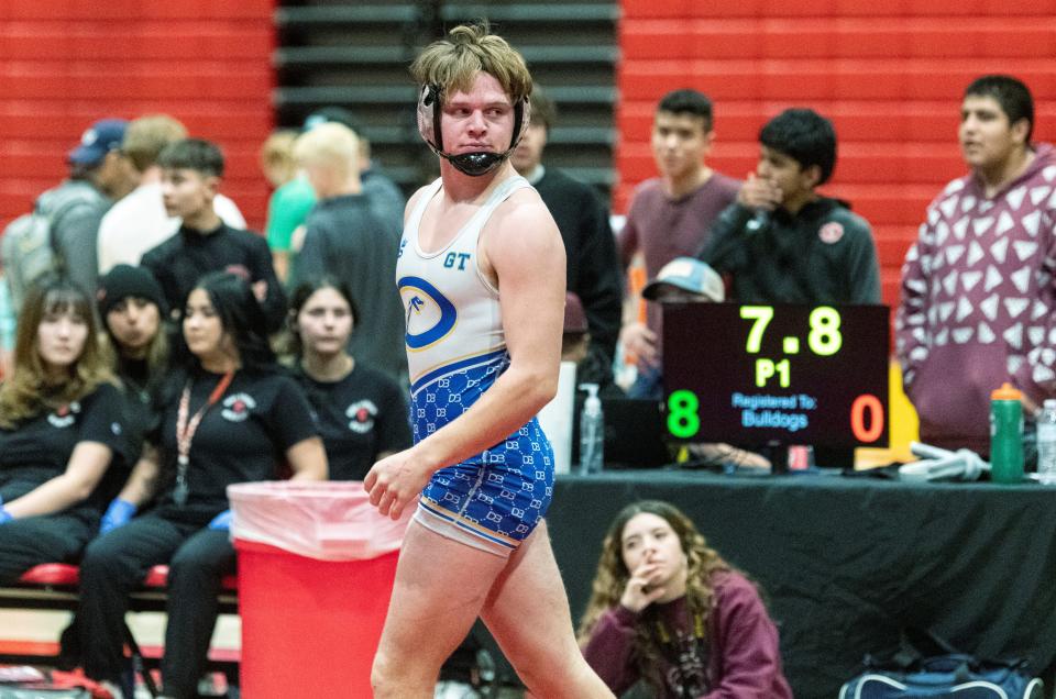 Serrano’s Blake Chaffee reacts after taking the 170-pound title at the Mojave River League Finals at Oak Hills High School on Friday, Feb. 3, 2023.