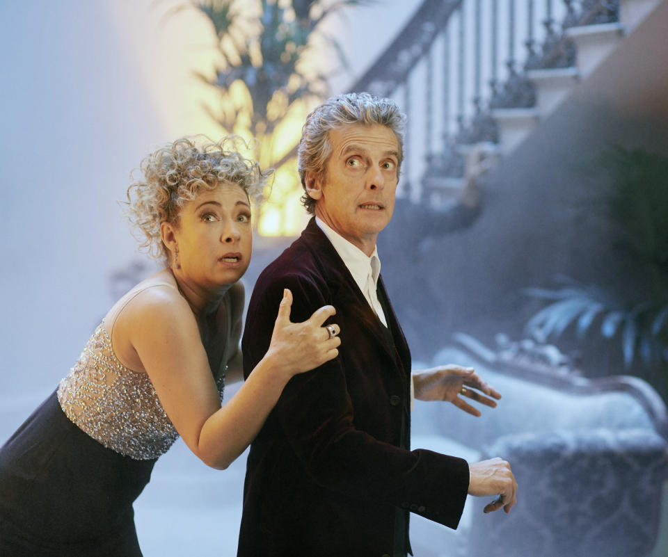 Alex Kingston (River Song) and Peter Capaldi (The Doctor) in the 2015 Doctor Who episode The Husbands of River Song. (Alamy/BBC)