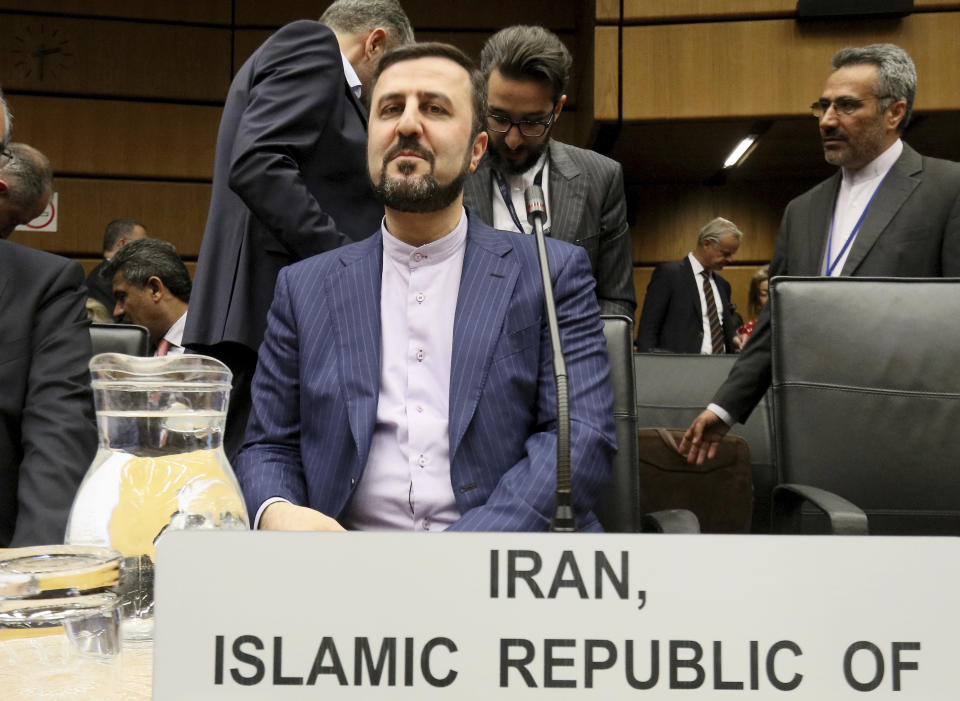 Iran's Ambassador to the International Atomic Energy Agency, IAEA, Gharib Abadi, waits for the start of the IAEA board of governors meeting at the International Center in Vienna, Austria, Wednesday, July 10, 2019. (AP Photo/Ronald Zak)