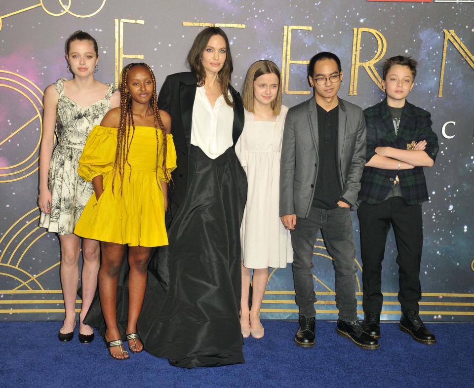 Angelina Jolie and her children Shiloh, Zahara, Vivienne, Maddox and Knox Jolie-Pitt attend a screening of “Eternals” in London. - Credit: CAN/Capital Pictures / MEGA