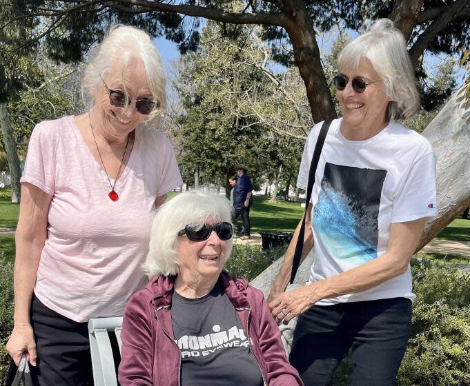 From left, Shirley Hamstra, Mavis Manus,and Viola (declined to give her last name) she a laugh after a "Balance" class at the Roxbury Park Community Center in Beverly Hills.