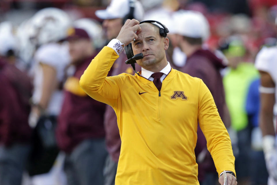 Minnesota head coach P. J. Fleck looks at the scoreboard during the second half of an NCAA college football game against Nebraska in Lincoln, Neb., Saturday, Oct. 20, 2018. (AP Photo/Nati Harnik)