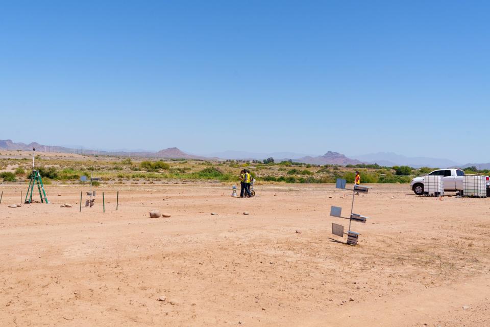 Researches at ASU conduct a dust mitigation trial at a decommissioned landfill in Mesa, Arizona, on April 21, 2022. This trial takes place as Arizona is seeing the biggest investment in Valley fever research in the state’s history.