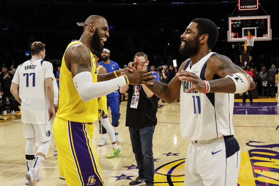 LeBron James and Kyrie Irving spent three seasons together with the Cleveland Cavaliers, delivering a championship in 2016. (Robert Gauthier/Los Angeles Times via Getty Images)