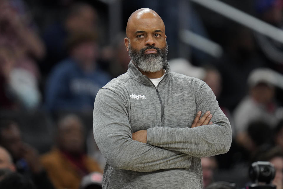 Washington Wizards head coach Wes Unseld Jr. looks on during the first half of an NBA basketball game against the Houston Rockets, Sunday, April 9, 2023, in Washington. (AP Photo/Jess Rapfogel)