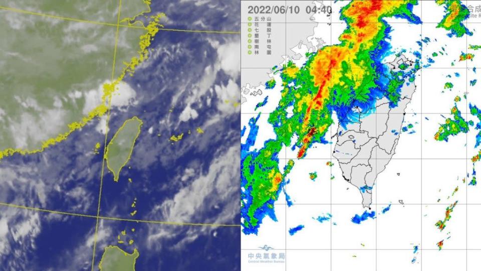 今日衛星雲圖及雷達合成回波圖。（圖／中央氣象局）