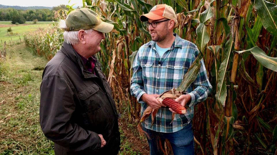 Nate Kraft of Pathfinder Farm Distillery, right, show "Maryland Farm & Harvest" segment host Al Spoler the Bloody Butcher corn used in Pathfinder Farm's moonshine. The farm will be featured in the March 5 episode on Maryland Public Television.