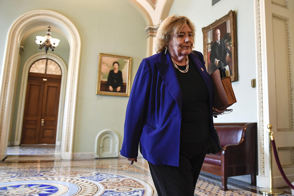 House impeachment manager Rep. Zoe Lofgren, D-Calif., walks on Capitol Hill in Washington, Monday, Feb. 3, 2020, after the impeachment trial of President Donald Trump concluded for the day. (AP Photo/Susan Walsh)