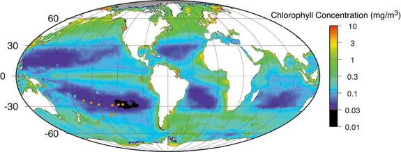 Satellite measurements of the nutrient content of the oceans. Dots mark places where seaborne measurements were taken. In the southern Pacific a vast area is found where nutrient contents were not existent.