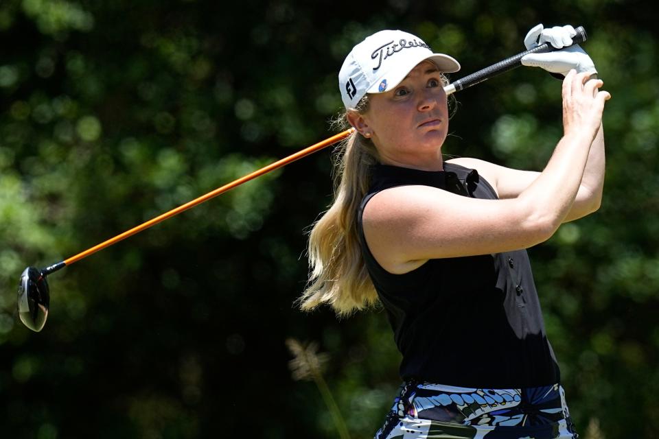 Bronte Law, of England, hits off the second tee during the third round of the U.S. Women's Open golf tournament at the Pine Needles Lodge & Golf Club in Southern Pines, N.C., on Saturday, June 4, 2022. (AP Photo/Steve Helber)