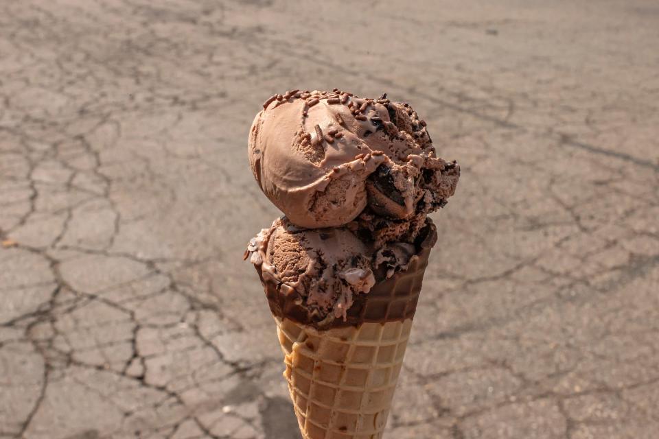 Michigan Pot Hole ice cream outside of Scoop and Twist of Macomb in Macomb, Mich., on July 16, 2023. The shop sells Michigan-based Ashby’s Sterling Ice Cream.