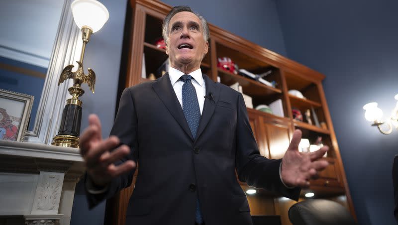 Utah Republican Sen. Mitt Romney says he will not run for reelection in 2024, as he speaks to reporters in his Capitol Hill office in Washington on Sept. 13, 2023.