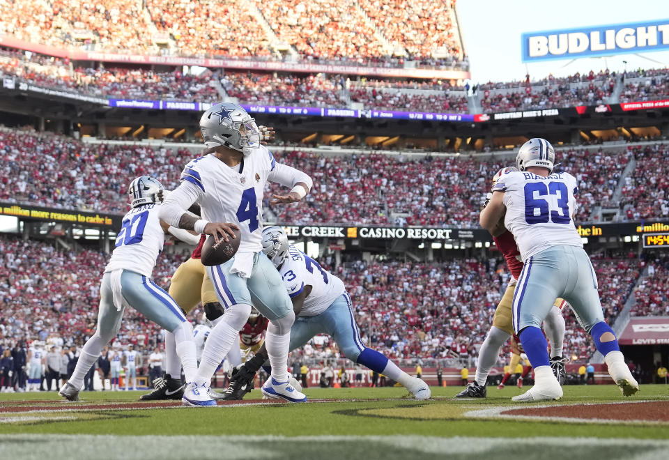 SANTA CLARA, CALIFORNIA - OCTOBER 08: Dac Prescott #4 of the Dallas Cowboys throws a pass against the San Francisco 49ers during the first quarter of an NFL football game at Levi's Stadium on October 08, 2023 in Santa Clara, California. (Photo by Thearon W. Henderson/Getty Images)