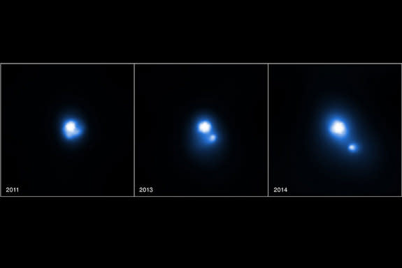 When the pulsar pierced the disk of material surrounding the star, a chunk of dust flew off and eventually accelerated to 15 percent the speed of light. The star and the dust cloud are shown here over the course of four years.