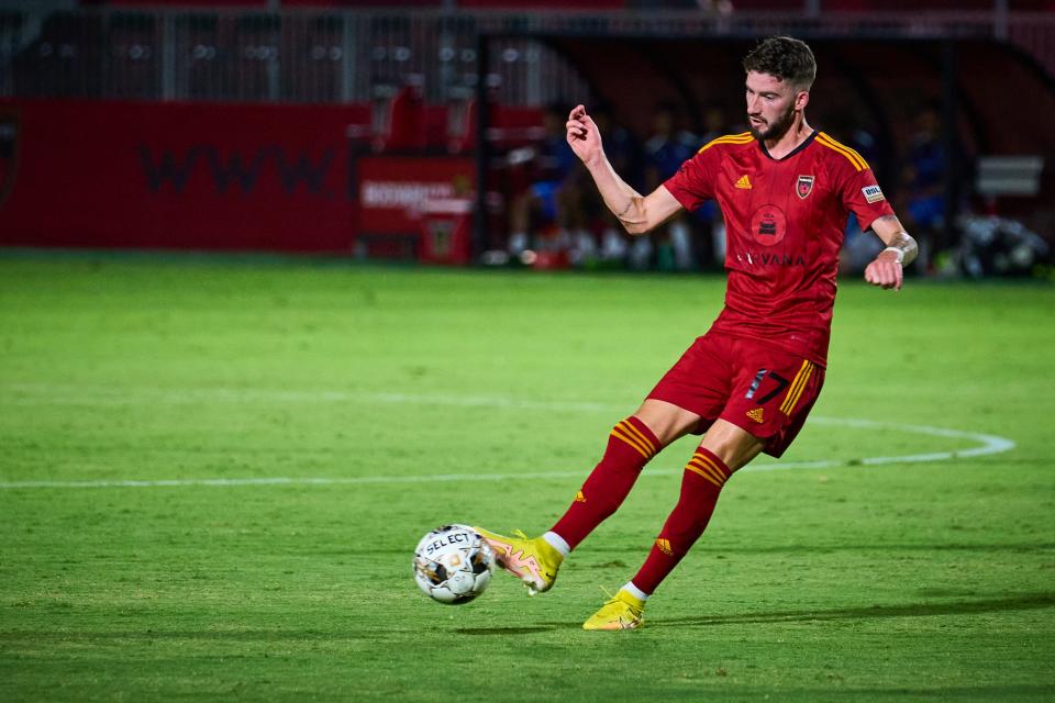 Aug 31, 2022; Chandler, Arizona, USA; Phoenix Rising forward Greg Hurst (17) runs the ball at Phoenix Rising FC Stadium.