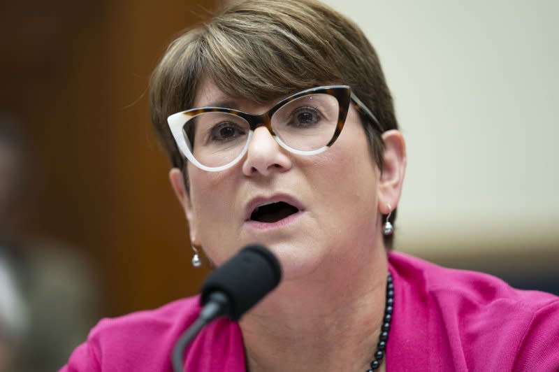 Stacy Burdett, an independent expert on anti-Semitism, speaks during a House Judiciary Committee hearing on free speech on college campuses at the U.S. Capitol in Washington, D.C., on Wednesday. Photo by Bonnie Cash/UPI