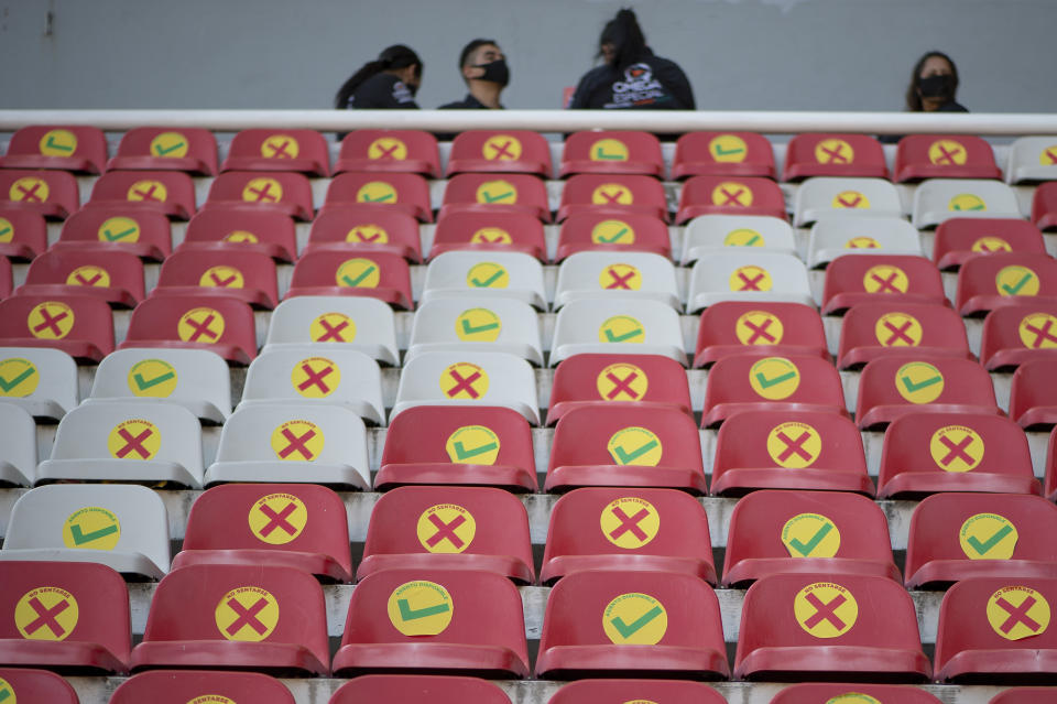 AGUASCALIENTES, MEXICO - OCTOBER 16: General view of the empty stands of Victoria stadium before the 14th round match between Necaxa and Tijuana as part of the Torneo Guard1anes 2020 Liga MX at Victoria Stadium on October 16, 2020 in Aguascalientes, Mexico. Liga MX has allowed clubs to reopen their stadiums to the fans after 7 months of a government-ordered lockdown to halt the spread of Coronavirus (Covid-19), however, final decision about the reopening will be taken in conjunction with the State and Municipal governments and the health authorities. Aguascalientes and Mazatlan are officially the two venues that announced the return of people to their stadiums during the 14th round of the tournament. (Photo by Omar Martinez Martinez/Getty Images)