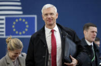 Latvian Prime Minister Krisjanis Karins arrives for an EU summit at the European Council building in Brussels, Friday, Feb. 21, 2020. In a second day of meetings EU leaders will continue to discuss the bloc's budget to work out Europe's spending plans for the next seven years. (Ludovic Marin, Pool Photo via AP)