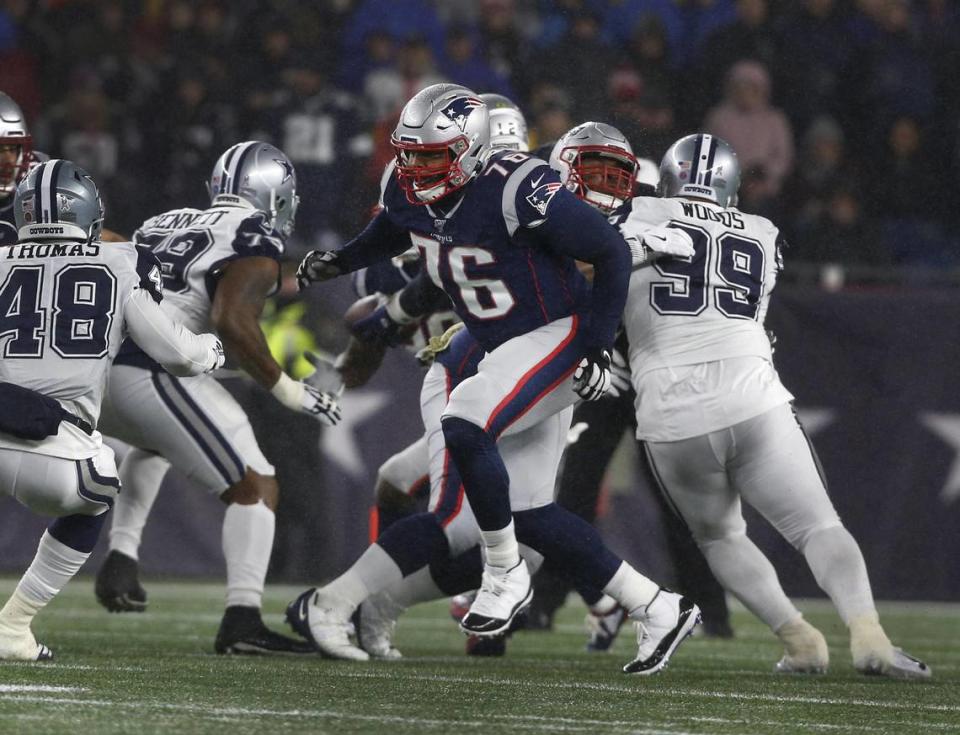 New England Patriots offensive tackle Isaiah Wynn in action against the Dallas Cowboys during a game at Gillette Stadium.