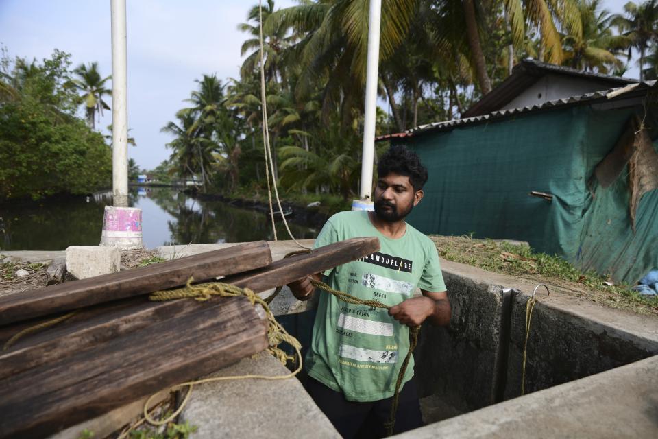 Tom PV, prepares to put back logs of a wooden shutter that regulates water flow to their farm Chathamma, Kochi, Kerala state, India, April 22, 2023. A father-son duo, Joseph and Tom, who own seven acres, manage better, thanks to Tom's marketing efforts of Pokkali rice. (AP Photo/R S Iyer)