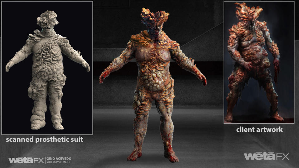 This exclusive image depicts both the scanned prosthetic suit and concept art that informed the final Bloater design in The Last of Us. (Courtesy Weta FX)