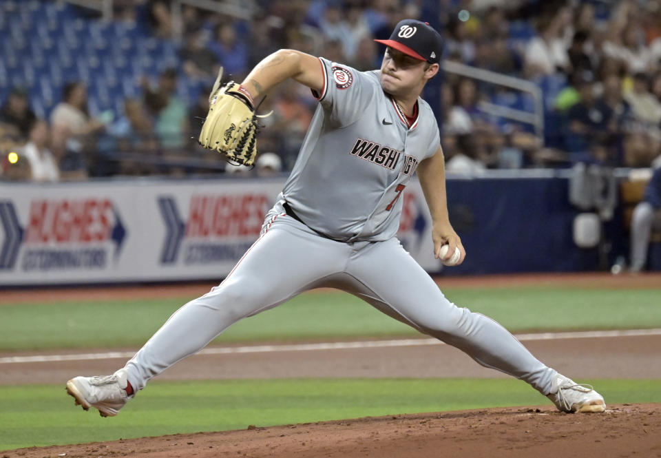Washington Nationals starter Mitchell Parker pitches against the Tampa Bay Rays during the first inning of a baseball game Friday, June 28, 2024, in St. Petersburg, Fla. (AP Photo/Steve Nesius)