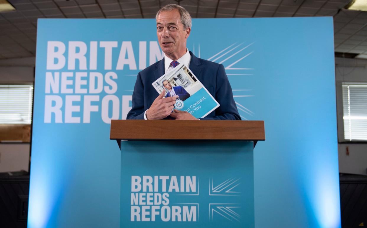 Nigel Farage launches Reform UK's 'contract with the people' at the Gurnos club in Merthyr Tydfil, Wales