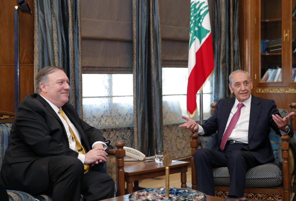 U.S. Secretary of State Mike Pompeo meets with Lebanese Parliament Speaker Nabih Berri, in Beirut, Friday, March 22, 2019. (Jim Young/Pool Image via AP)