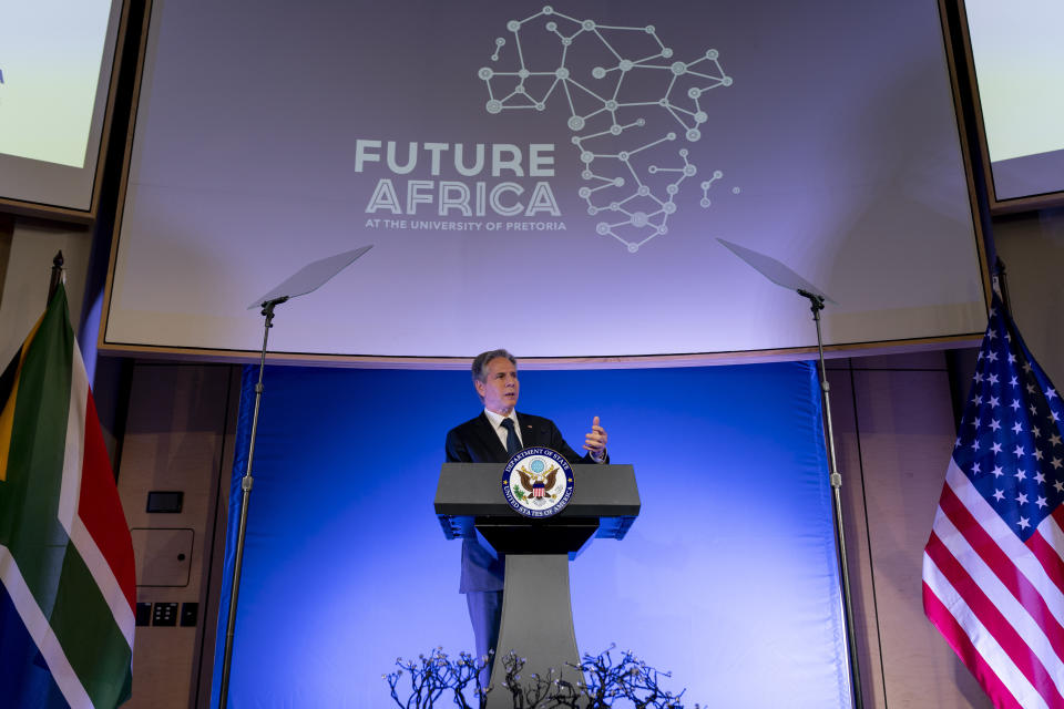 Secretary of State Antony Blinken gives a speech on the U.S. Africa Strategy at the University of Pretoria's Future Africa Campus in Pretoria, South Africa, Monday, Aug. 8, 2022. Blinken is on a ten day trip to Cambodia, Philippines, South Africa, Congo, and Rwanda. (AP Photo/Andrew Harnik, Pool)