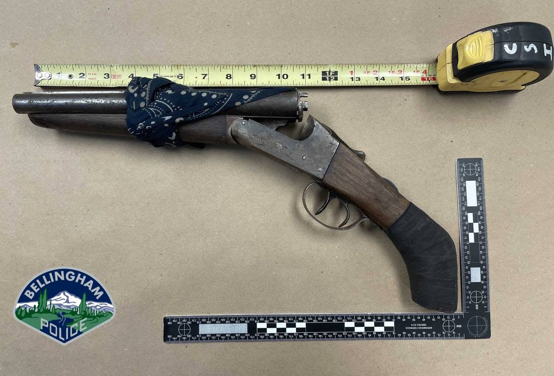 This is an illegal shotgun as it is shorter than 18 inches. It was found at an illegal encampment behind the Walmart on Guide Meridian Oct. 17, 2023. Bellingham Police/Courtesy to The Bellingham Herald