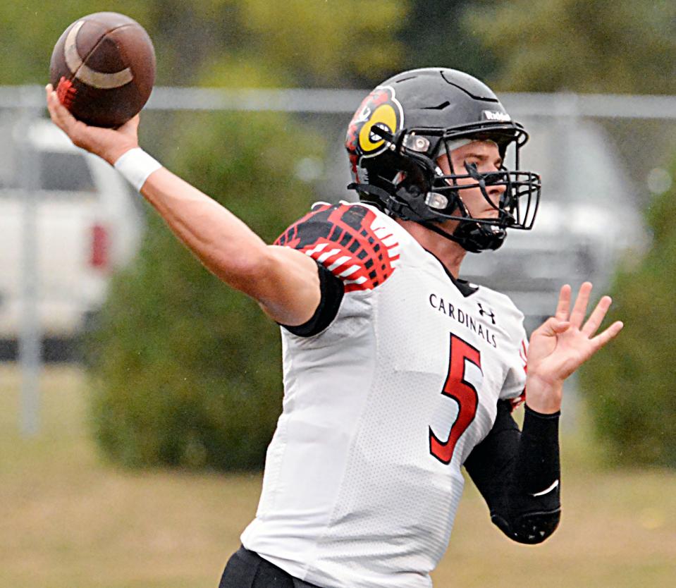 Quarterback Trey Maaland, shown throwing the ball in a win over Webster Area in 2022, has led Deuel High School's football team to a 6-0 start. The Cardinals finally moved into the state rankings at No.5 in Class 11B this week.