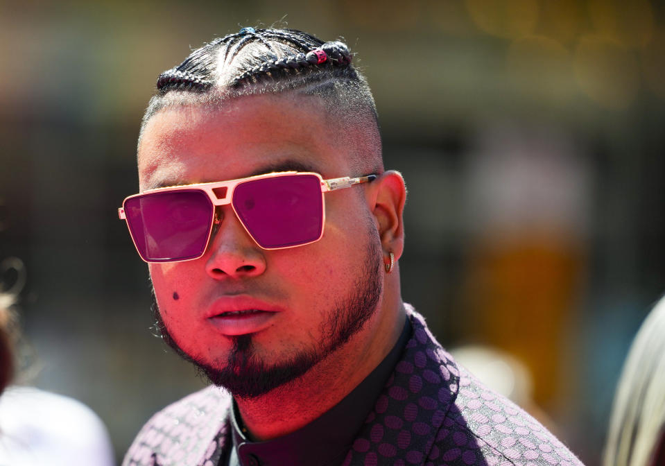 National League's Luis Arraez, of the Miami Marlins, walks during the baseball All-Star Game red carpet show Tuesday, July 11, 2023, in Seattle. (AP Photo/Lindsey Wasson)