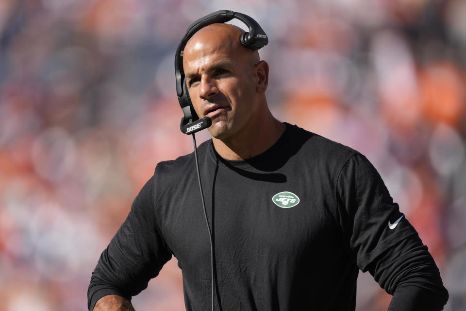 New York Jets head coach Robert Saleh watches during the second half of an NFL football game against the Denver Broncos, Sunday, Sept. 26, 2021, in Denver. (AP Photo/David Zalubowski)