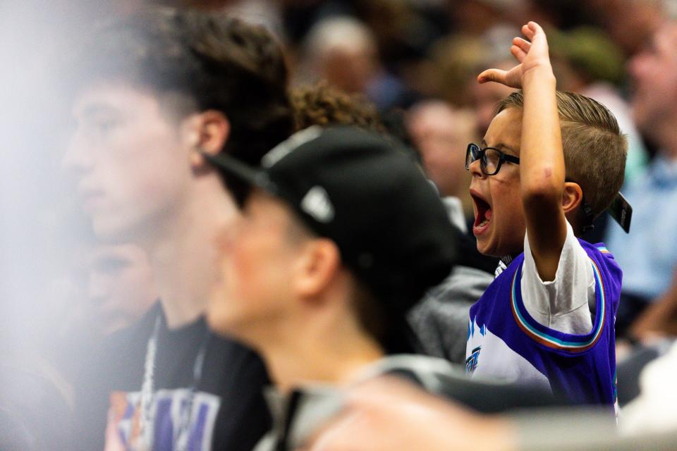 A young jazz fan cheers during an NBA basketball game between the Utah Jazz and Orlando Magic at the Delta Center in Salt Lake City on Thursday, Nov. 2, 2023. | Megan Nielsen, Deseret News