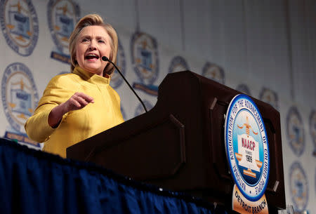 Democratic presidential candidate Hillary Clinton addresses the attendees of the 61st Annual NAACP 'Fight For Freedom Fund Dinner' in Detroit, Michigan May 1, 2016. REUTERS/Rebecca Cook