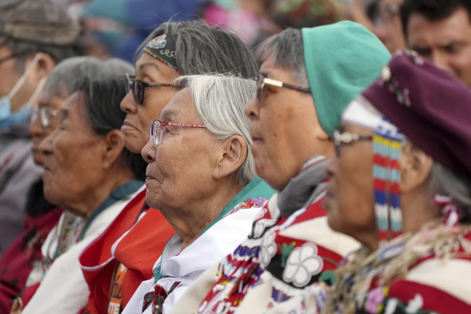 Indigenous elders listen as Pope Francis gives an apology during a public event in Iqaluit, Nunavut, Friday, July 29, 2022, during his papal visit across Canada. (Nathan Denette/The Canadian Press via AP)