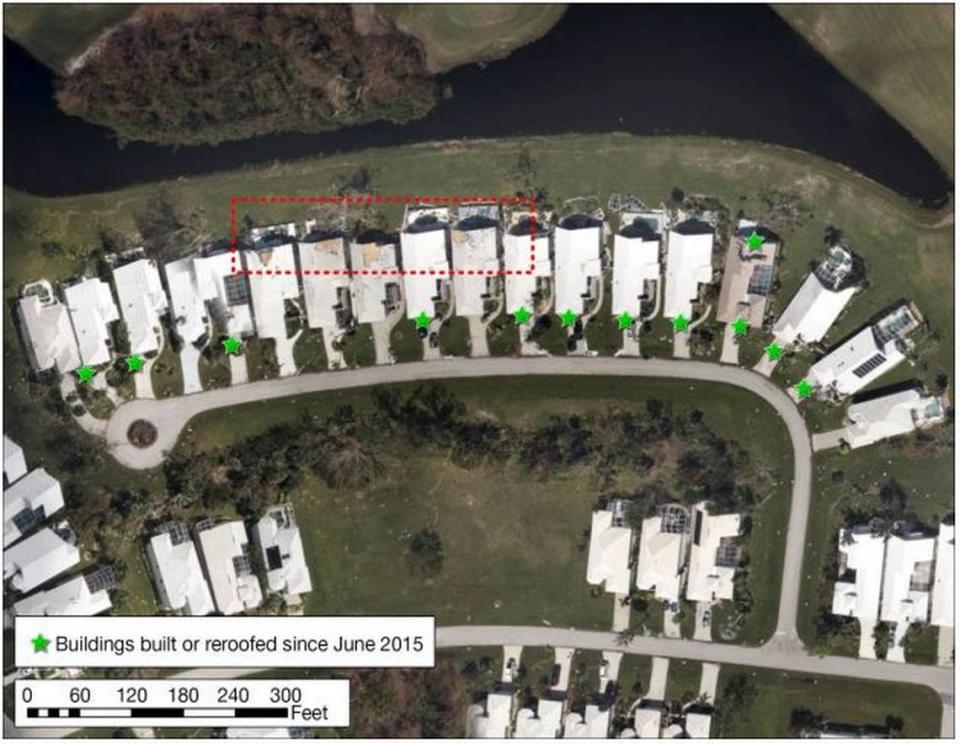 This image shows a cluster of homes in Placida, Florida that experienced winds of 126 mph during Hurricane Ian in 2022. The green-starred homes have roofs built or rebuilt after 2015, and survived better than older roofs built before then.