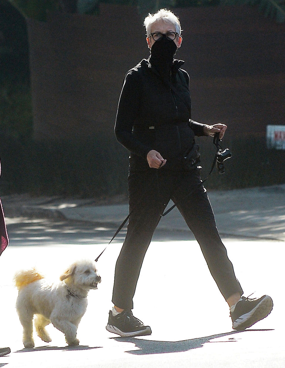 <p>Jamie Lee Curtis wears all black while on her walk with her dog on Tuesday in L.A.</p>