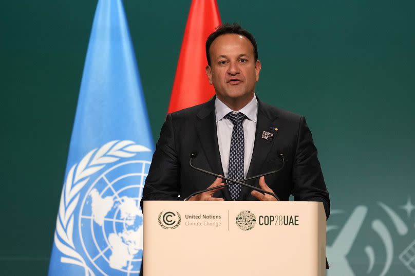 Irish Prime Minister Leo Varadkar speaks during a plenary session at the COP28 summit, December 2023.