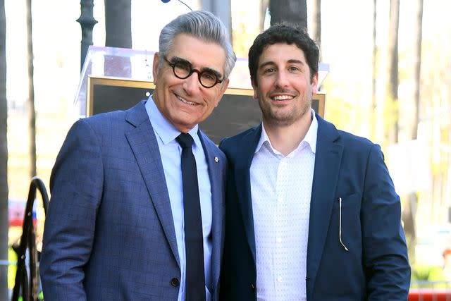 <p>Alberto E. Rodriguez/Getty</p> Eugene Levy and Jason Biggs on March 8, 2024