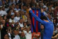 Football Soccer - Real Madrid v FC Barcelona - Spanish Liga Santander - Santiago Bernabeu, Madrid, Spain - 23/4/17 Barcelona's Lionel Messi celebrates scoring their third goal Reuters / Stringer Livepic