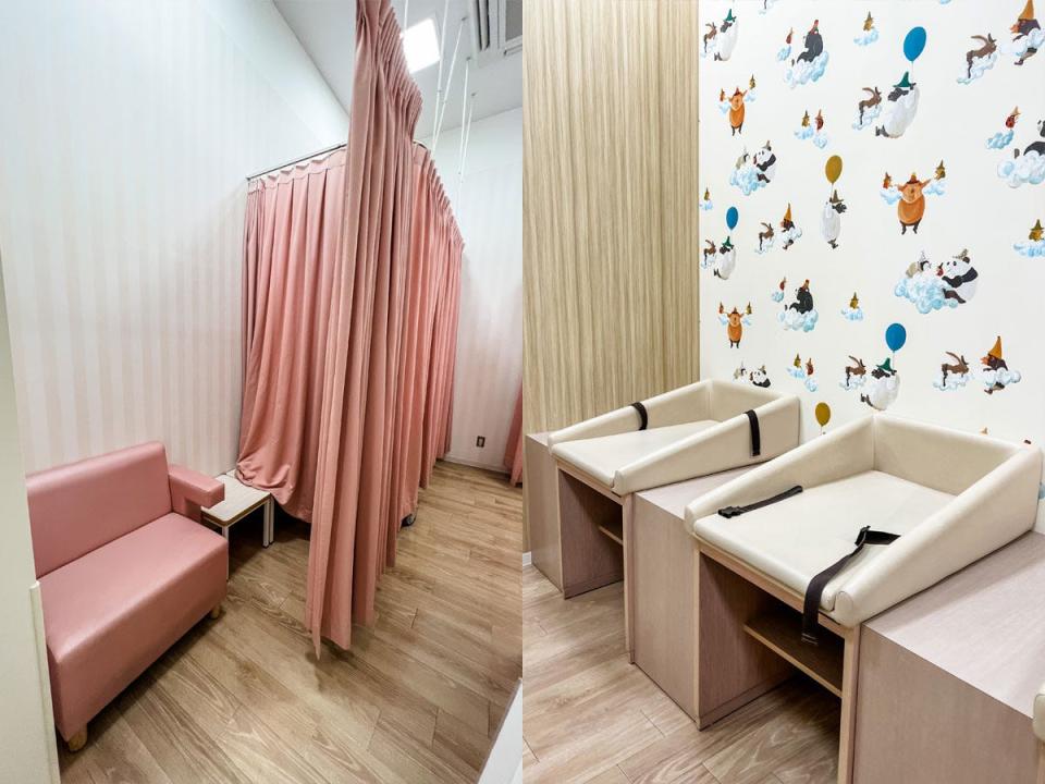 Japanese mall: family friendly baby room, pink couch on the left and kids seats on the right