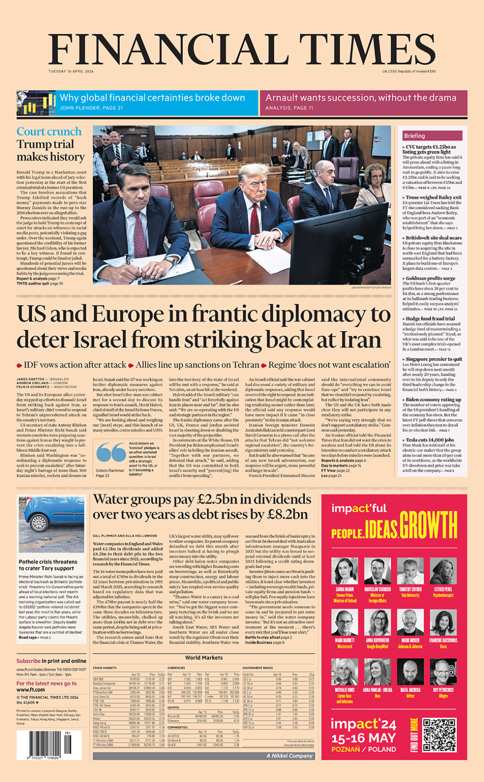 The headline in the Financial Times reads: "US and Europe in frantic diplomacy to deter Israel from striking back at Iran".