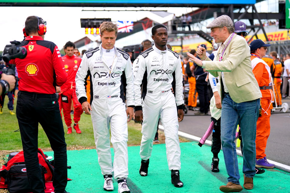 Brad Pitt and Damson Idris filming for a formula one movie during the British Grand Prix 2023 at Silverstone, Towcester. Picture date: Sunday July 9, 2023. (Photo by Tim Goode/PA Images via Getty Images)