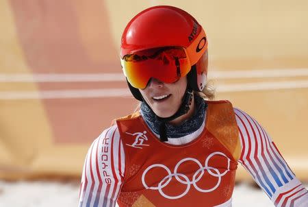 Alpine Skiing – Pyeongchang 2018 Winter Olympics – Women’s Giant Slalom – Yongpyong Alpine Centre - Pyeongchang, South Korea – February 15, 2018 - Mikaela Shiffrin of the U.S. reacts. REUTERS/Mike Segar