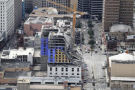 This aerial photo shows the Hard Rock Hotel, which was under construction, after a fatal partial collapse in New Orleans, Saturday, Oct. 12, 2019. (AP Photo/Gerald Herbert)