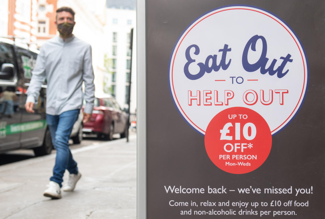 The scheme offered people 50% off the price of their meals, up to a maximum of £10 per head, in participating restaurants from Monday to Wednesday throughout August. Photo: PA